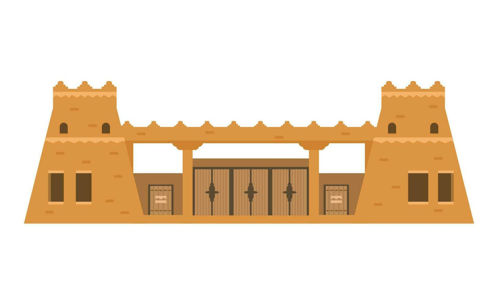 Arabian castle wall with gates and towers. Middle east architecture element. Ancient gates. Flat vector illustration isolated on white.