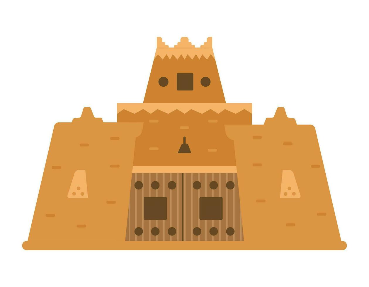 Arabian castle wall with gates and towers. Middle east architecture element. Ancient gates. Flat vector illustration isolated on white.