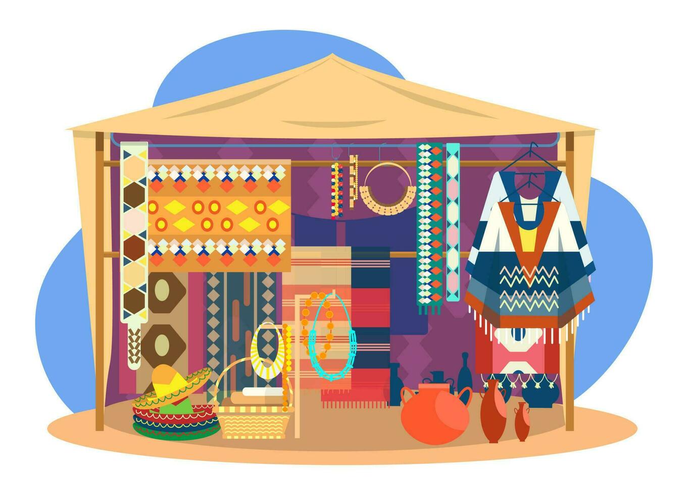 Ethnic souvenir street shop. Mexican street store with carpets, mats, ponchos, sombrero hats, jewelry and pottery. vector