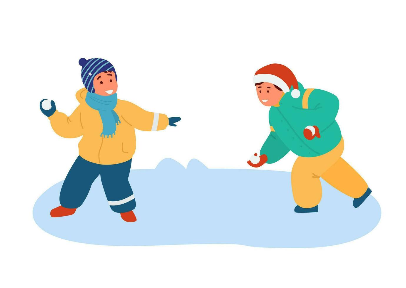 dos sonriente Niños jugando bola de nieve lucha al aire libre. plano vector ilustración. aislado en blanco.