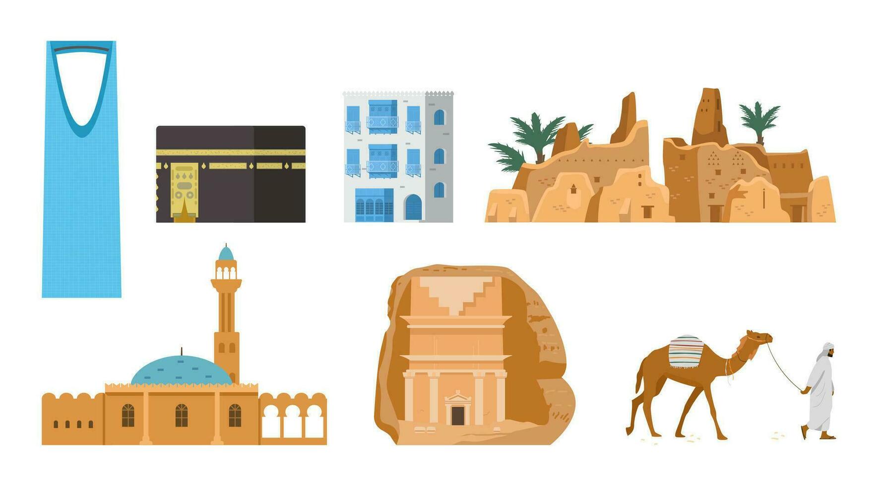 saudi arabia Turismo vector ilustraciones colocar. kaaba, mezquita, tumba en álula, al-turaif, Reino torre, antiguo edificio en Yeda, beduino con camello.