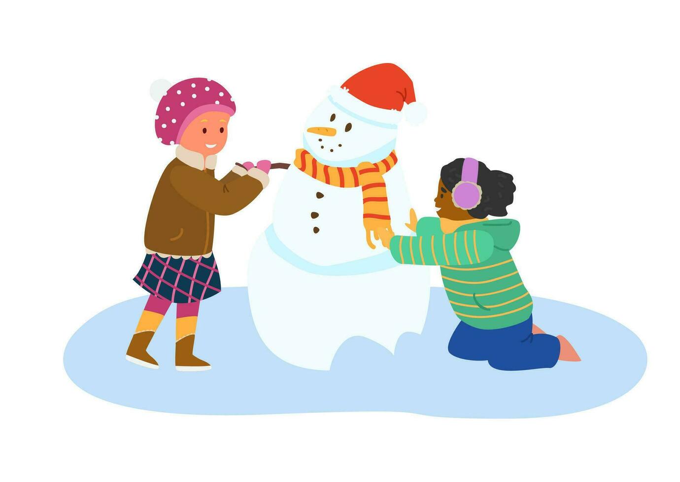 Girls Making Snowman. Winter Activities. Flat Vector Illustration. Isolated On White.