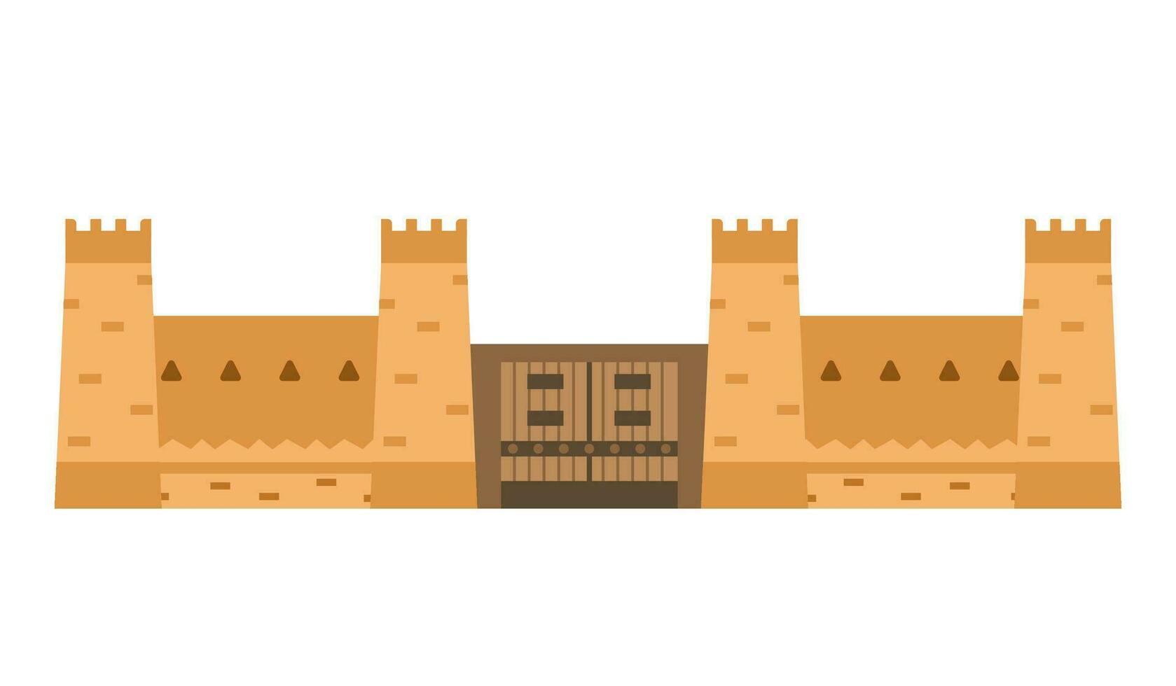 Arabian castle wall with gates and towers. Middle east architecture element. Ancient gates. Flat vector illustration isolated on white.