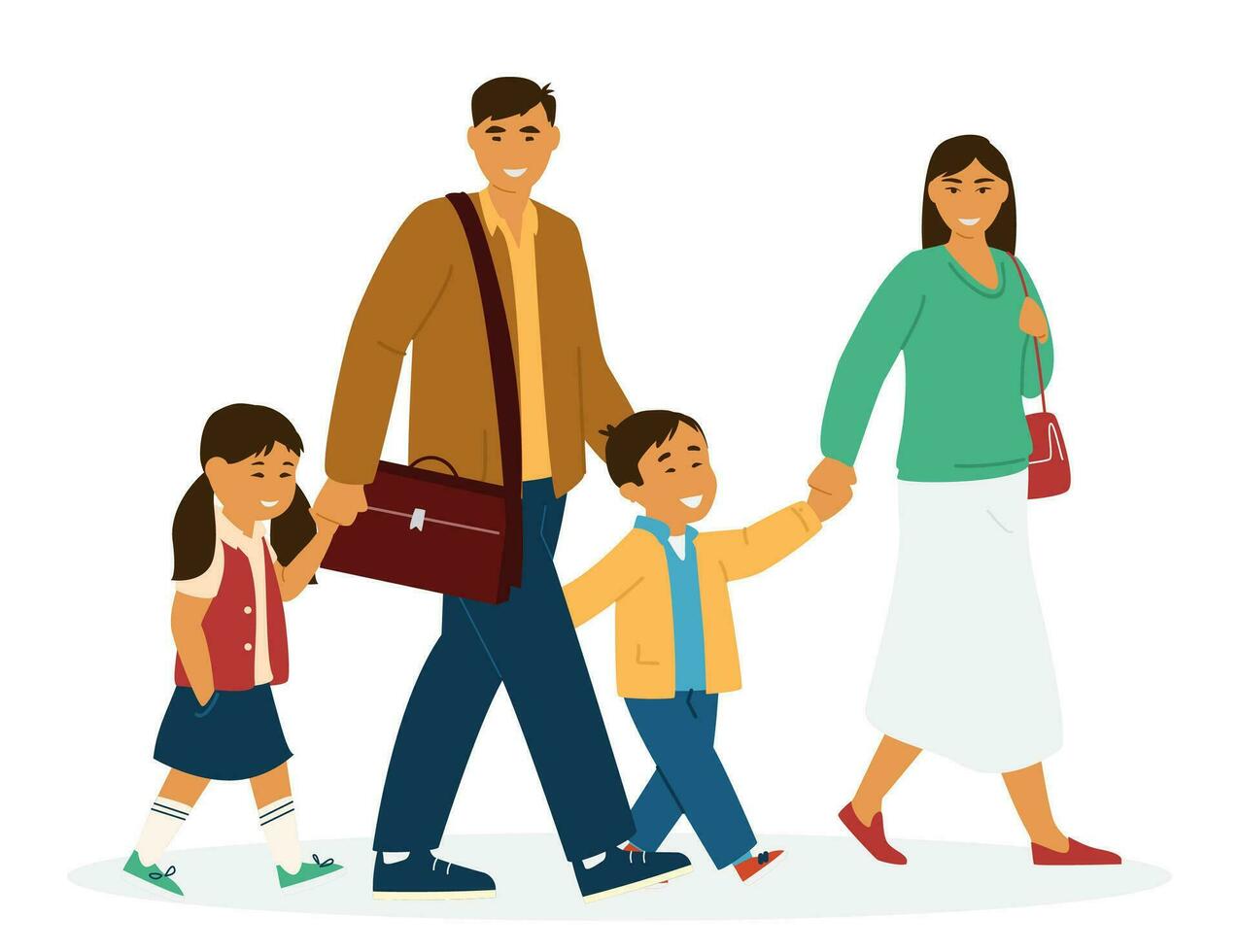 Flat Vector Illustration Of Smiling Asian Family With Kids. Young Parents With Children Walking.