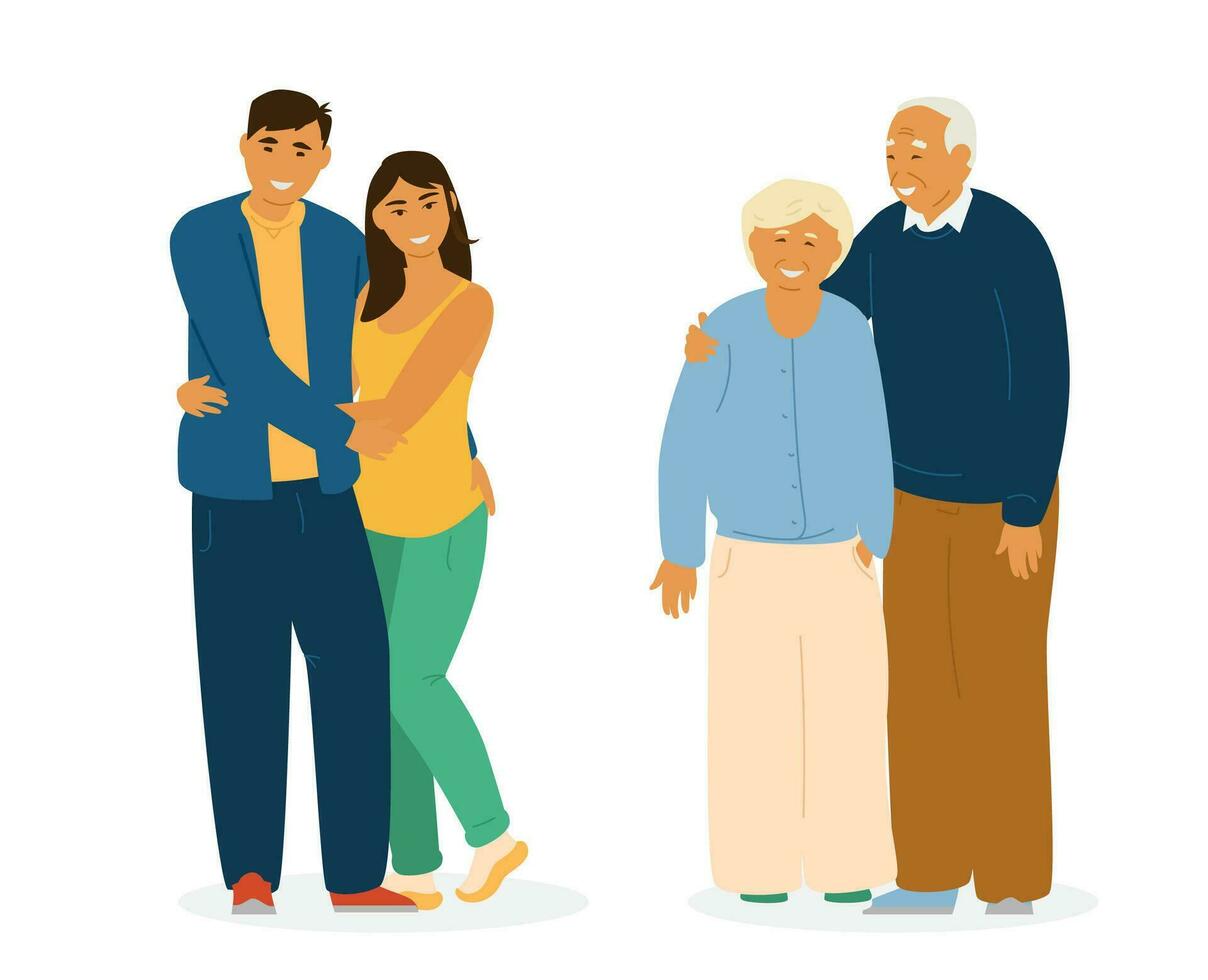 Smiling Asian Young And Elderly Couples Standing Hugging. Asian Characters. Isolated On White.  Flat Vector Illustration.