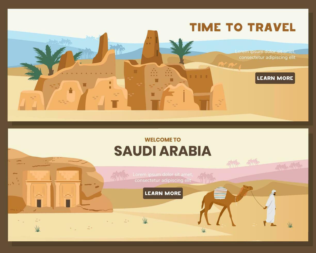 Welcome to Saudi Arabia vector horizontal banners with ancient tombs and buildings, and desert landscape at the background.