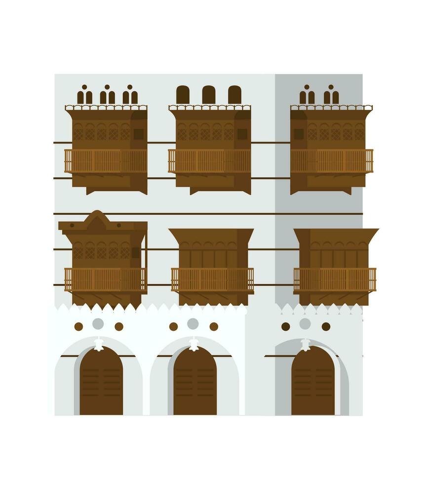 Authentic Traditional Arabian House Vector Illustration isolated on white. Ancient Building Of Jeddah.