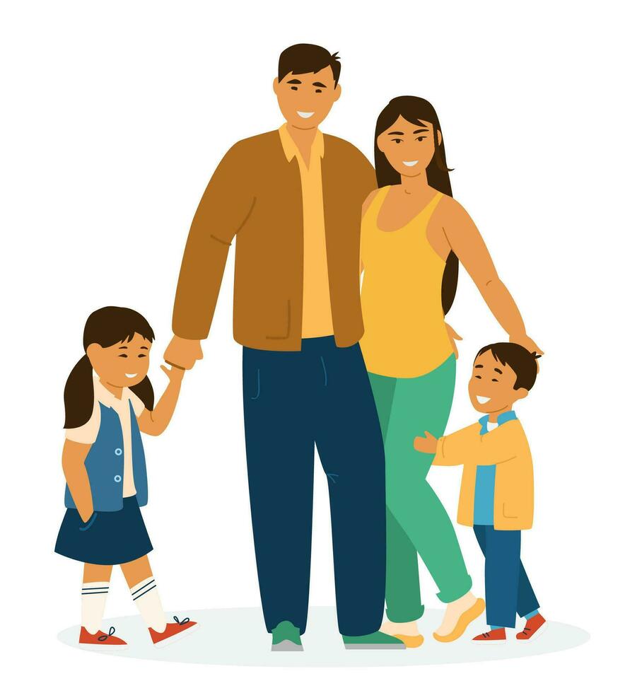 sonriente asiático familia en pie juntos. padres y niños. aislado en blanco. asiático caracteres. plano vector ilustración.