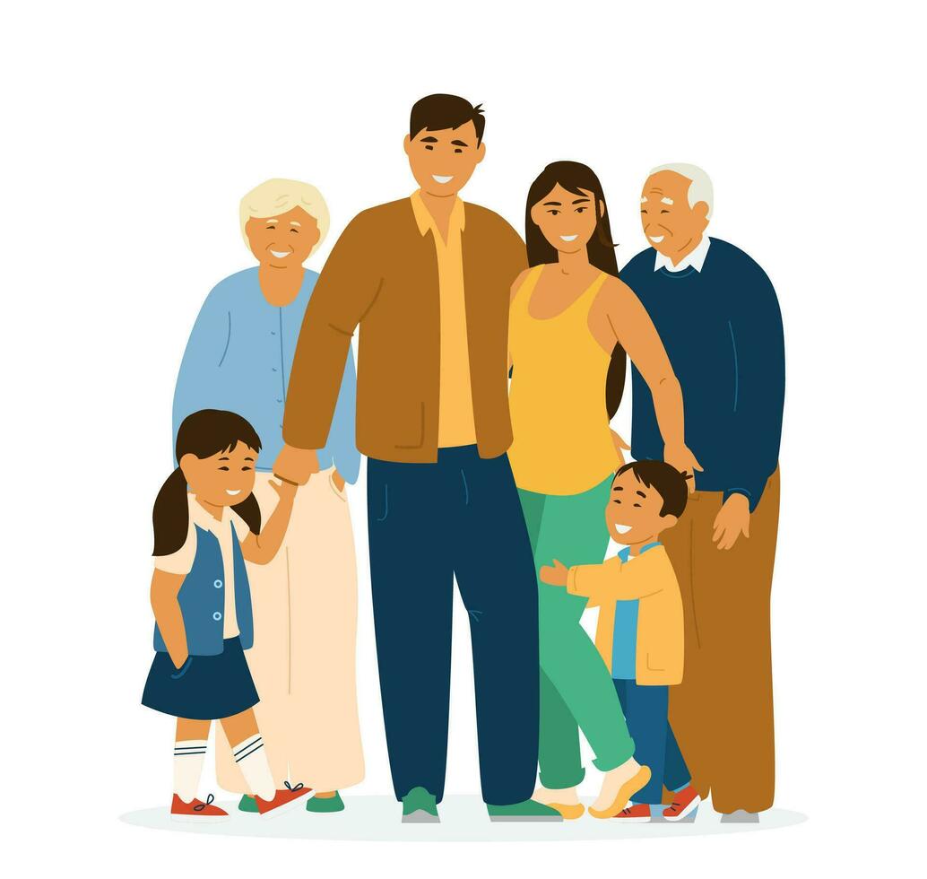 Smiling Asian Family Standing Together. Parents, Grandparents And Children. Isolated On White. Asian Characters. Flat Vector Illustration.