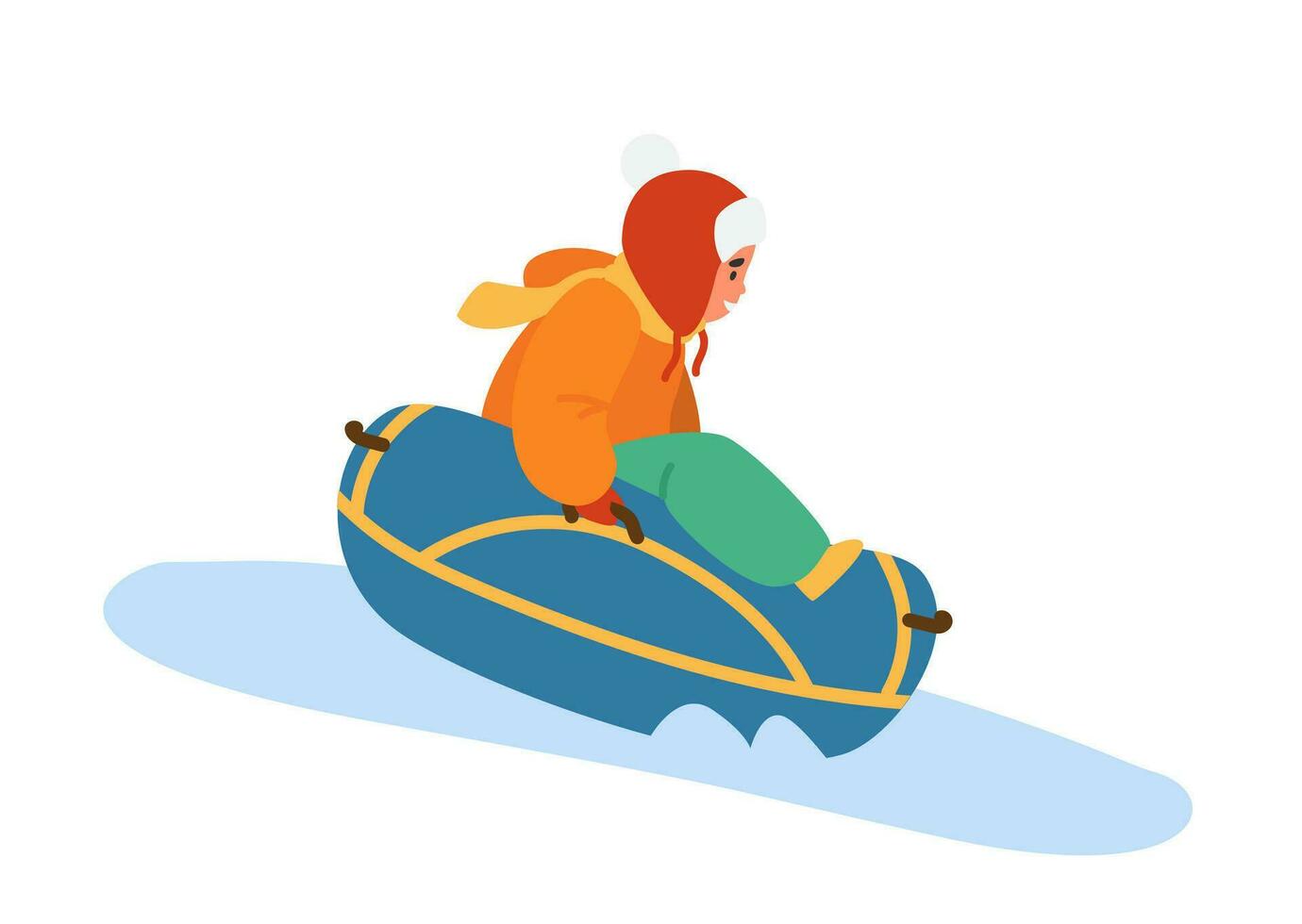 Kid In Bright Winter Clothes Riding Snow Tubing. Flat Vector Illustration. Isolated On White.