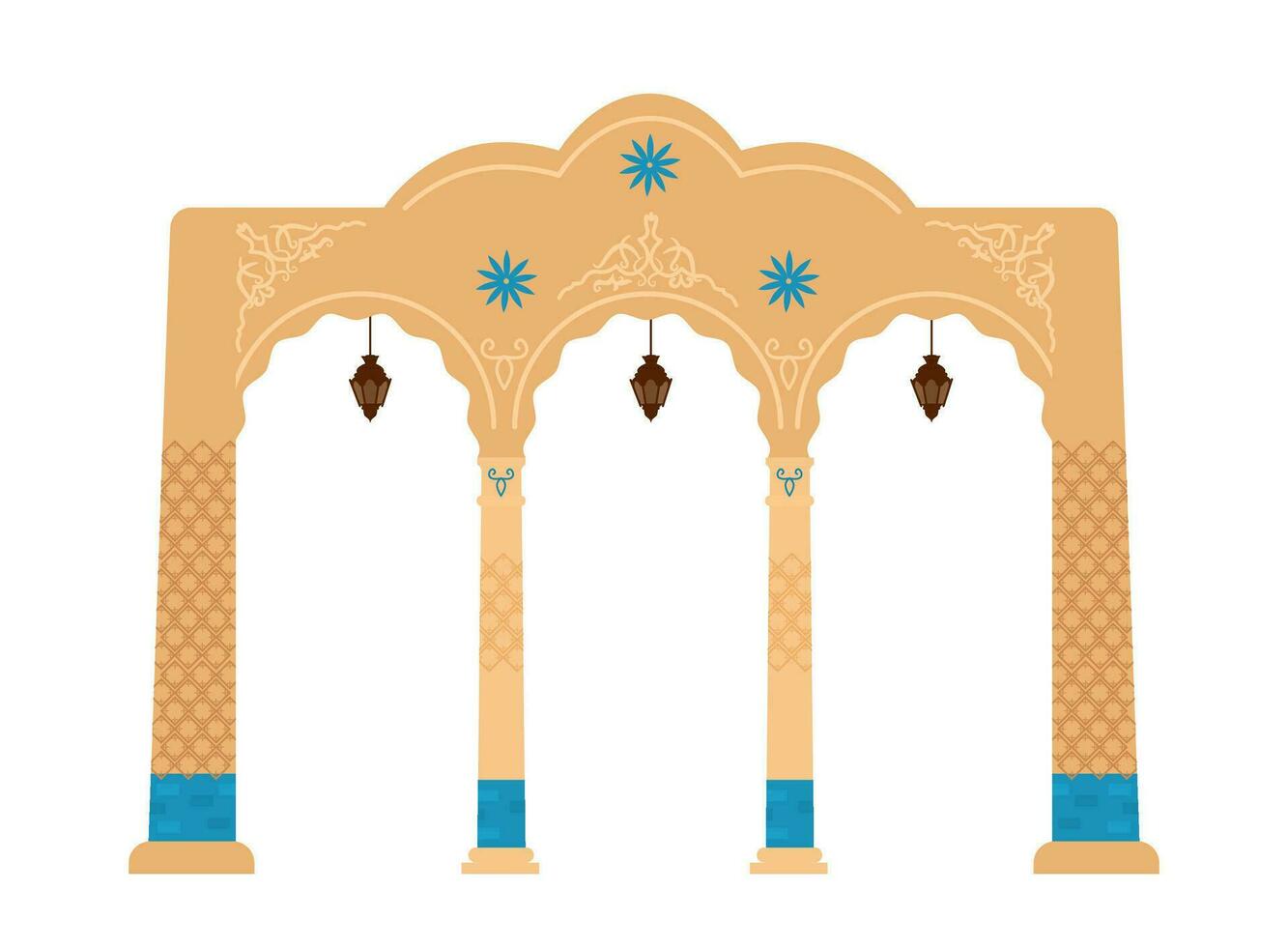 Arabian arch with mosaics. Middle east architecture elements. Ancient gates. Flat vector illustration isolated on white.