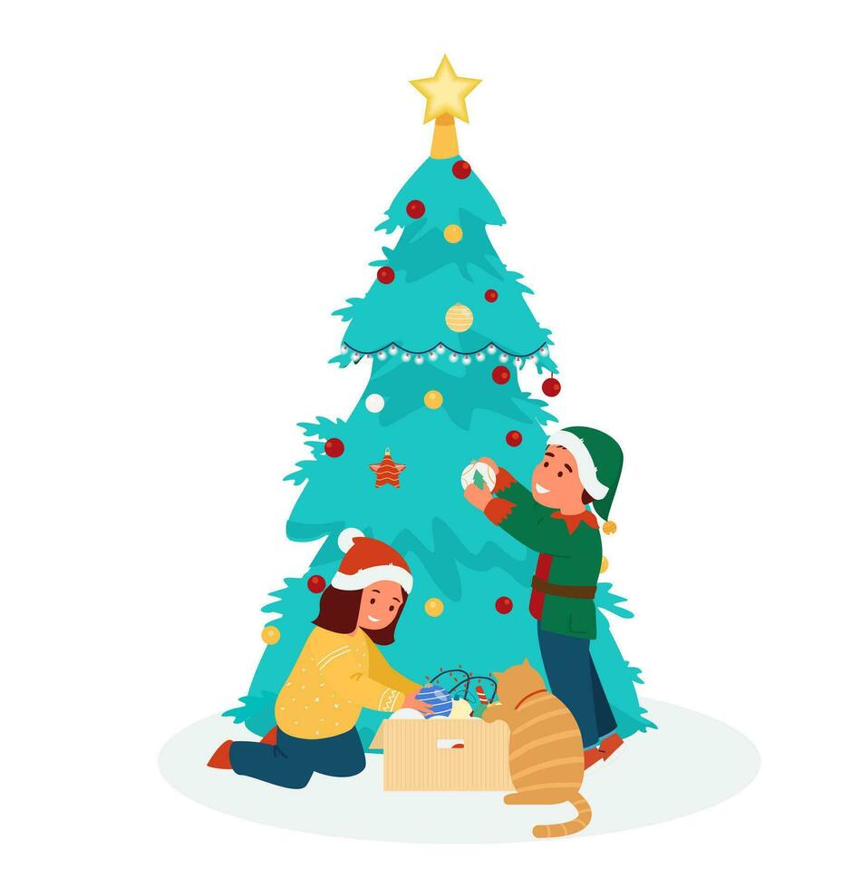 niños en Navidad trajes decorando Navidad árbol. plano vector ilustración. aislado en blanco.