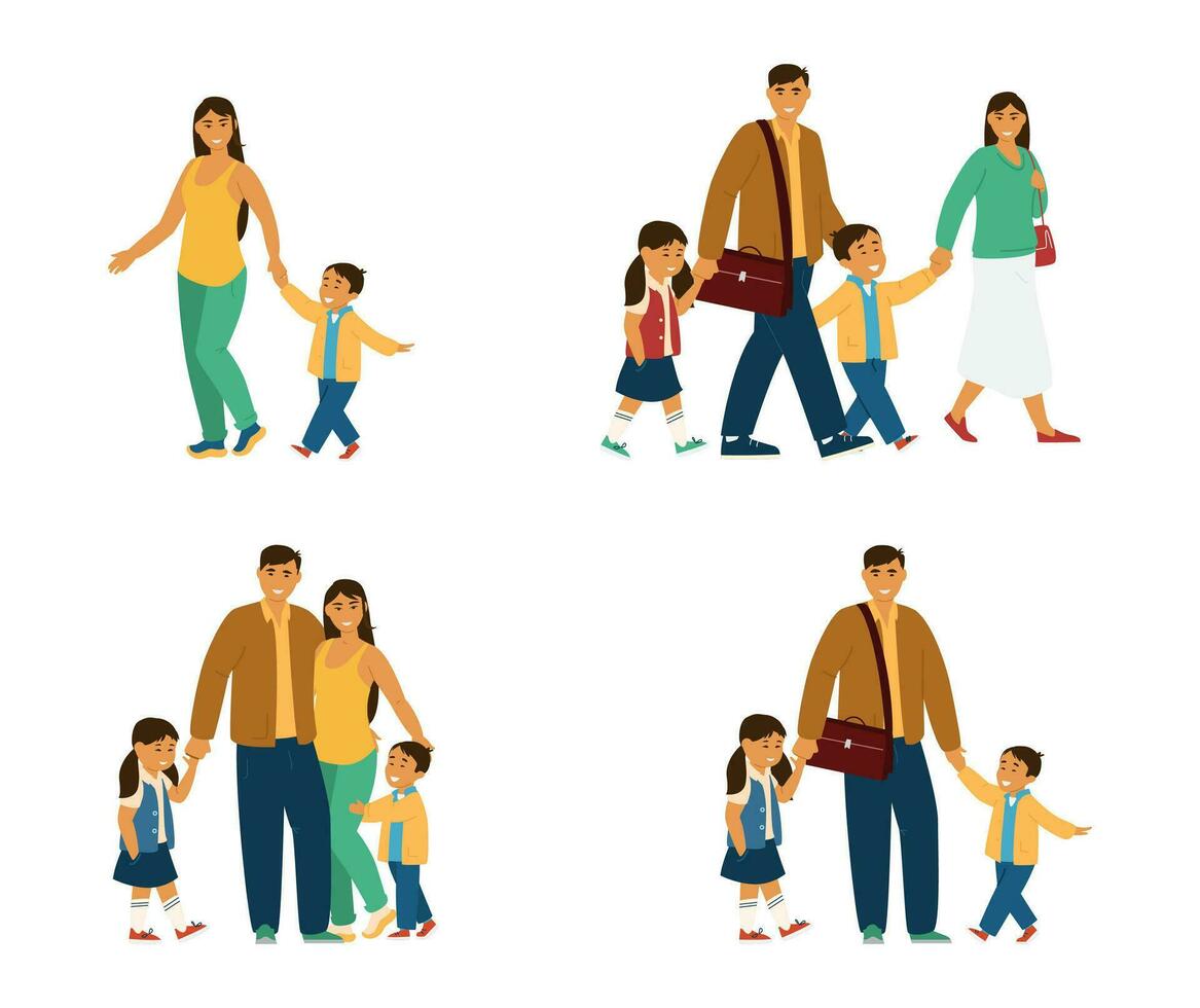 Flat Vector Illustration Of Smiling Asian Family With Kids. Young Parents With Children Walking, Hugging, Standing. Isolated On White.