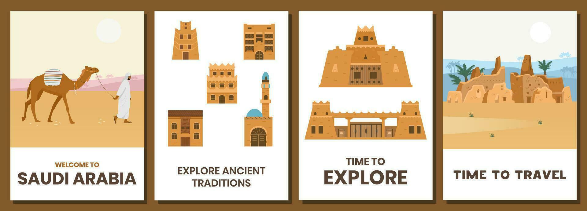 Welcome to Saudi Arabia vector cards set. Authentic traditional architecture, desert landscape, castles and sightseeing.