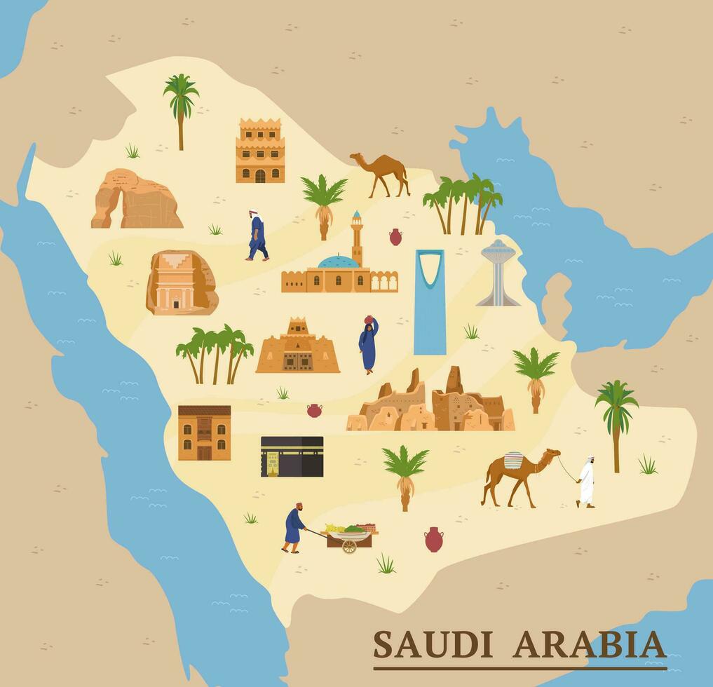 Saudi Arabia map with landmarks, traditional and modern buildings, beduin with camel, authentic people, palms vector illustrations.