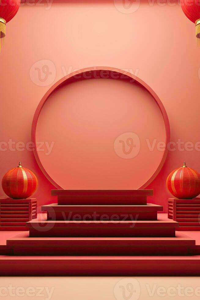 Generative AI, Red podium with lantern chinese new year and gift box product stand podium background pedestal 3d photo