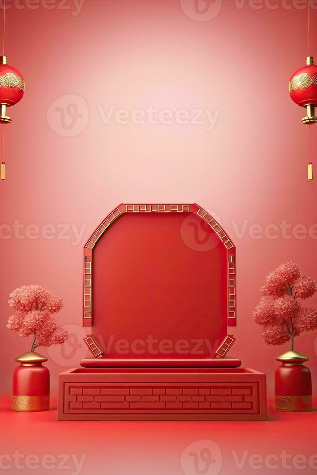 Generative AI, Red podium with lantern chinese new year and gift box product stand podium background pedestal 3d photo