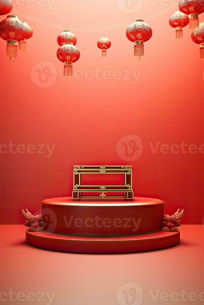 Generative AI, Red podium with lantern chinese new year and gift box product stand podium background pedestal 3d photo