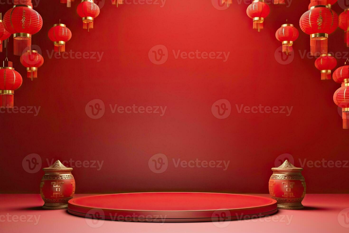 Generative AI, Red podium with lantern chinese new year and gift box product stand podium background pedestal 3d photo