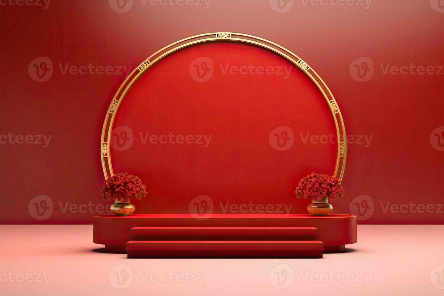 Generative AI, Red podium with lantern chinese new year and gift box product stand podium background pedestal 3d photo