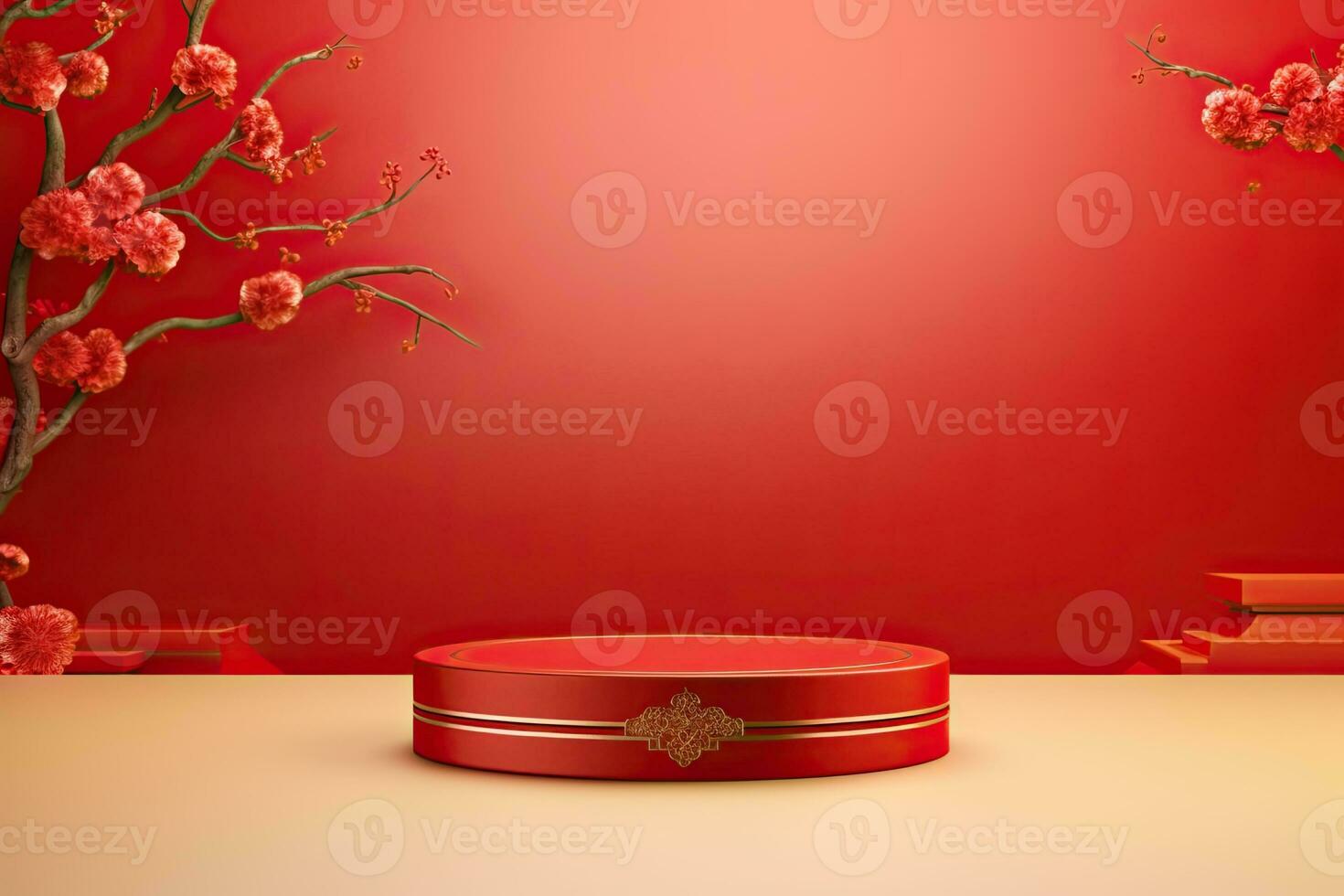 Generative AI, Red podium with lantern chinese new year and gift box product stand podium background pedestal 3d photo