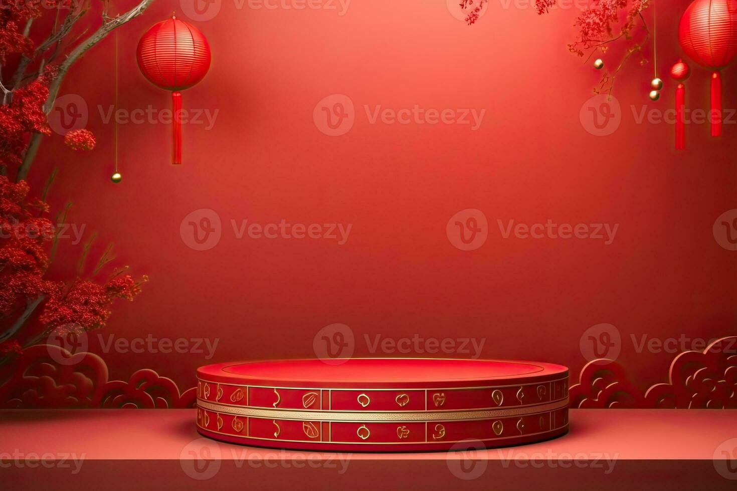 Generative AI, Red podium with lantern chinese new year and gift box product stand podium background pedestal 3d photo