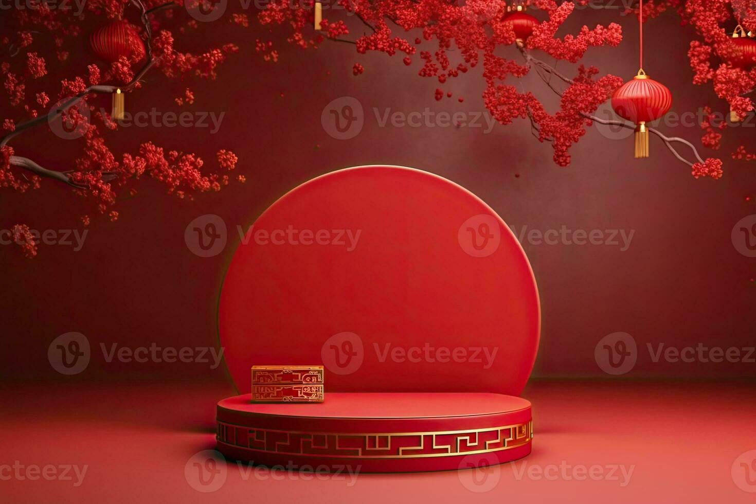 Generative AI, Red podium with lantern chinese new year and gift box product stand podium background pedestal 3d photo