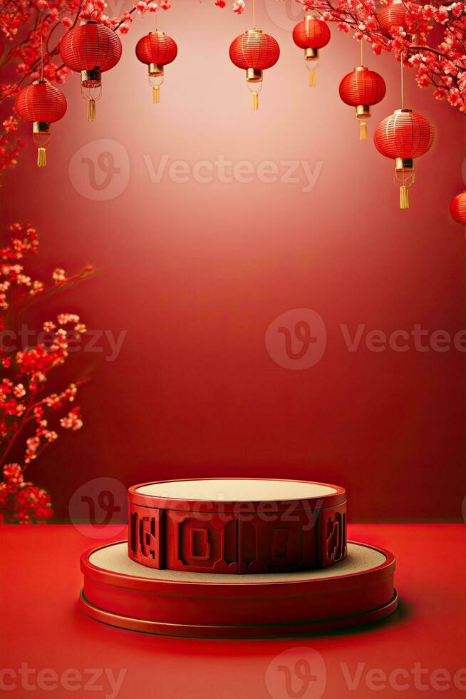 Generative AI, Red podium with lantern chinese new year and gift box product stand podium background pedestal 3d photo