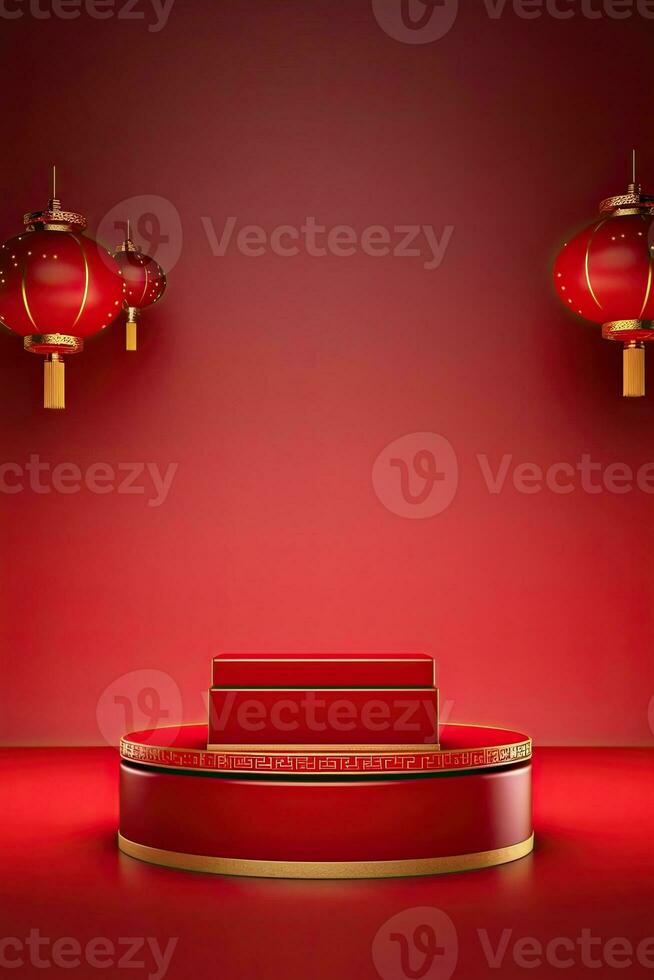 Generative AI, Red podium with lantern chinese new year and gift box product stand podium background pedestal 3d photo