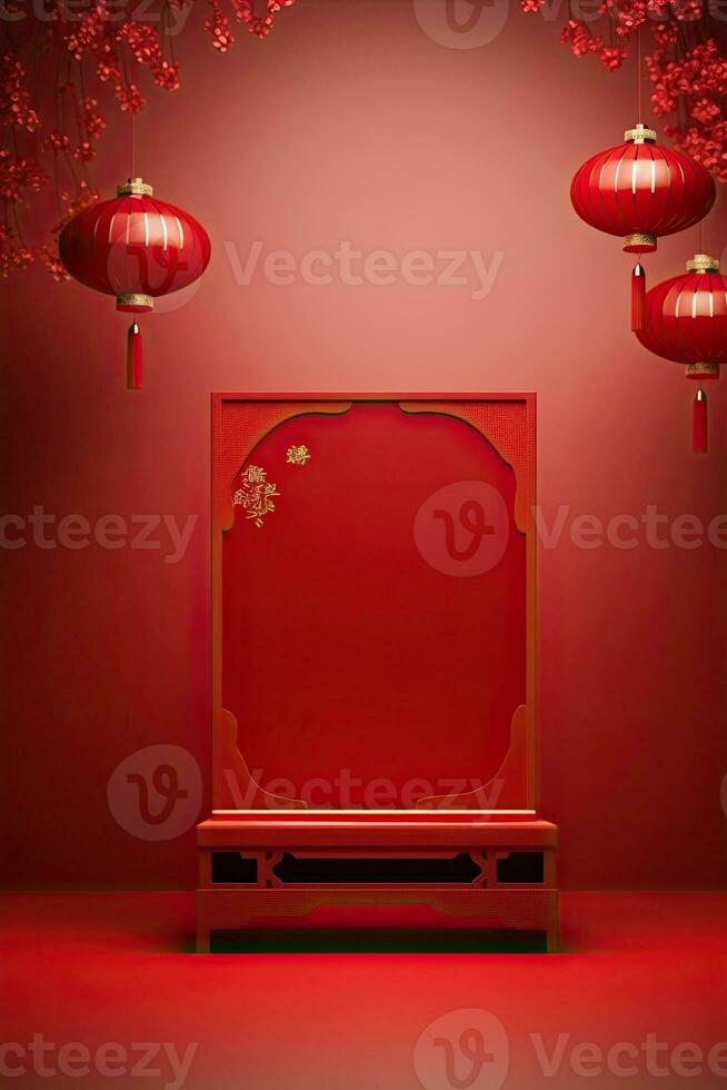 Generative AI, Red podium with lantern chinese new year and gift box product stand podium background pedestal 3d photo