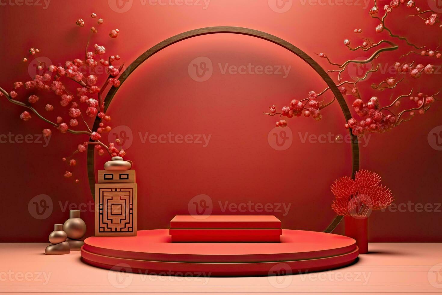 Generative AI, Red podium with lantern chinese new year and gift box product stand podium background pedestal 3d photo