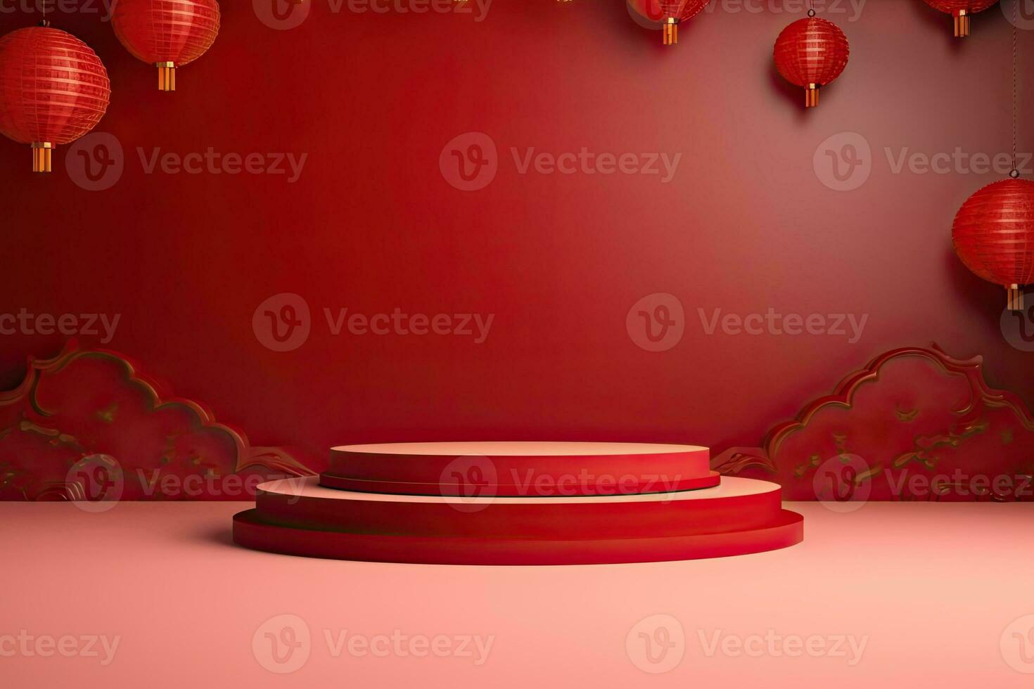 Generative AI, Red podium with lantern chinese new year and gift box product stand podium background pedestal 3d photo