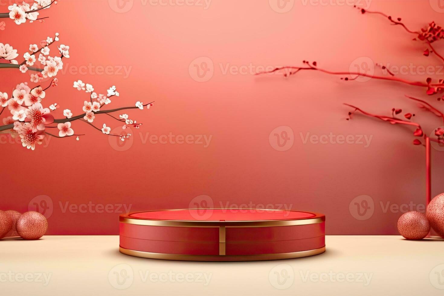 Generative AI, Red podium with lantern chinese new year and gift box product stand podium background pedestal 3d photo