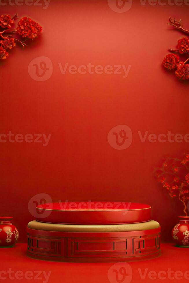 Generative AI, Red podium with lantern chinese new year and gift box product stand podium background pedestal 3d photo