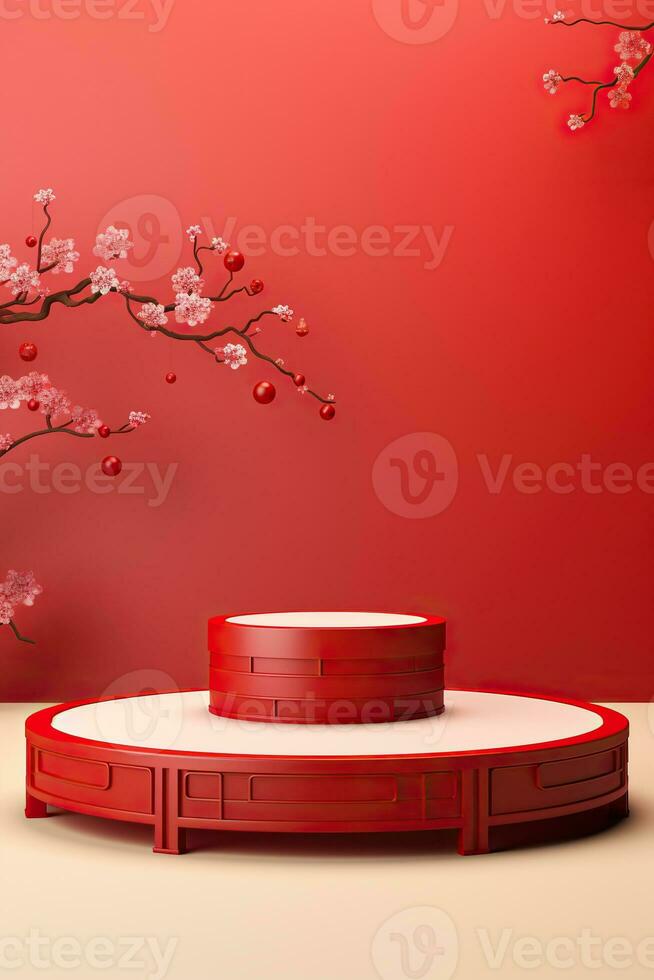 Generative AI, Red podium with lantern chinese new year and gift box product stand podium background pedestal 3d photo