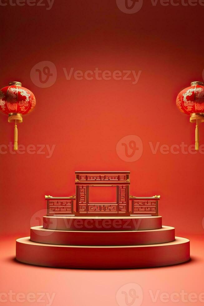 Generative AI, Red podium with lantern chinese new year and gift box product stand podium background pedestal 3d photo