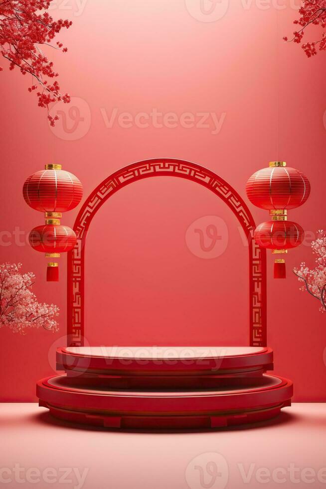 Generative AI, Red podium with lantern chinese new year and gift box product stand podium background pedestal 3d photo