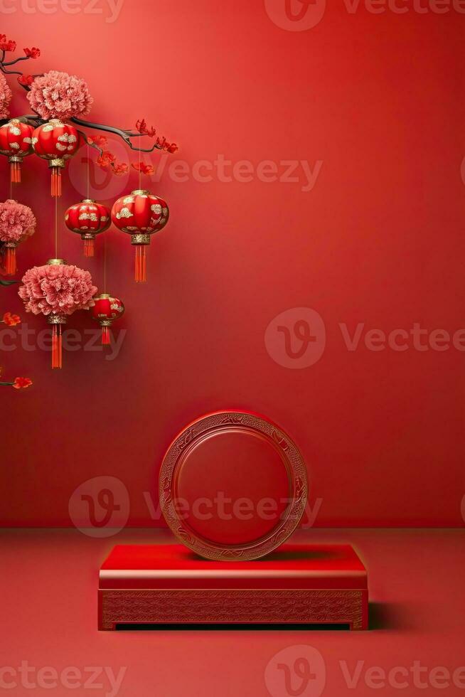 Generative AI, Red podium with lantern chinese new year and gift box product stand podium background pedestal 3d photo