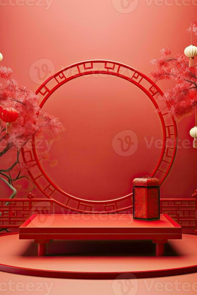 Generative AI, Red podium with lantern chinese new year and gift box product stand podium background pedestal 3d photo