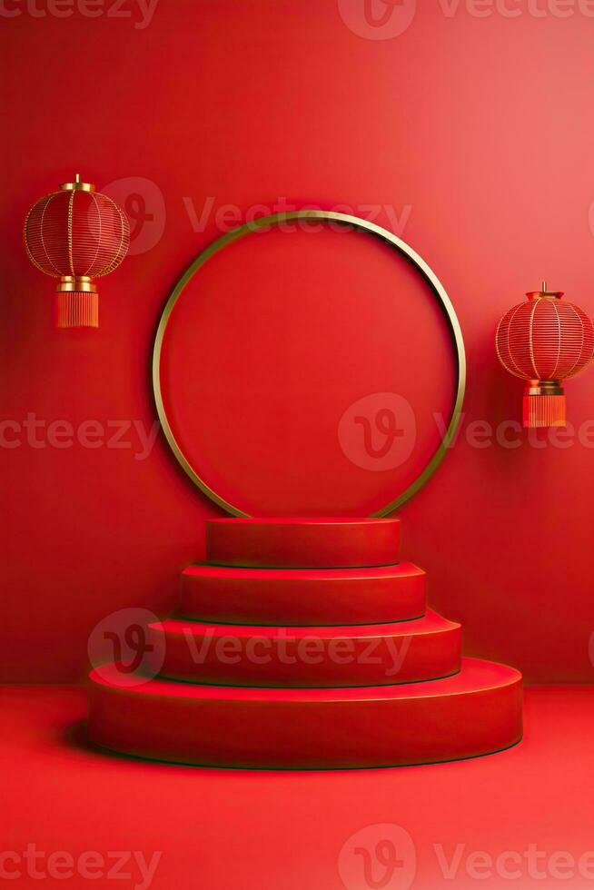 Generative AI, Red podium with lantern chinese new year and gift box product stand podium background pedestal 3d photo