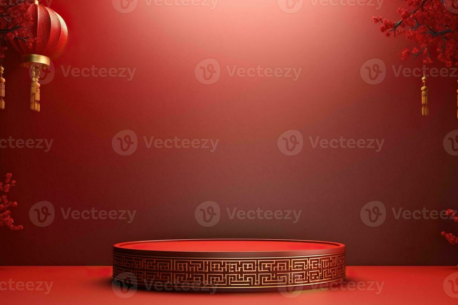 Generative AI, Red podium with lantern chinese new year and gift box product stand podium background pedestal 3d photo