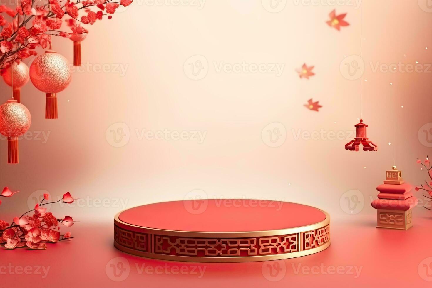 Generative AI, Red podium with lantern chinese new year and gift box product stand podium background pedestal 3d photo