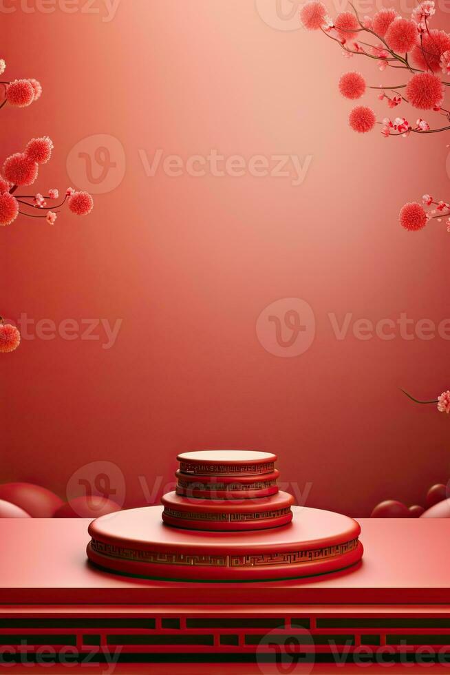 Generative AI, Red podium with lantern chinese new year and gift box product stand podium background pedestal 3d photo