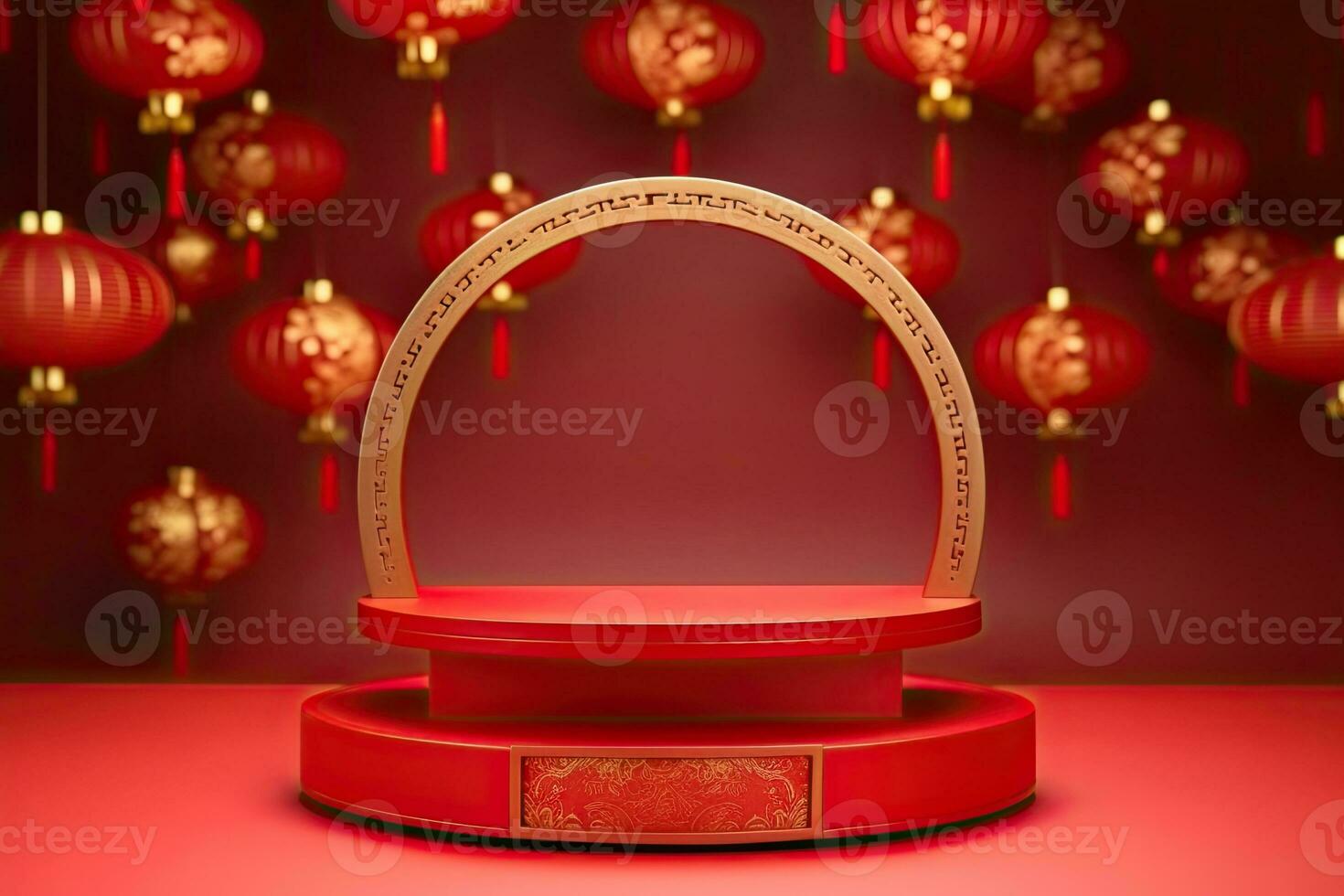 Generative AI, Red podium with lantern chinese new year and gift box product stand podium background pedestal 3d photo