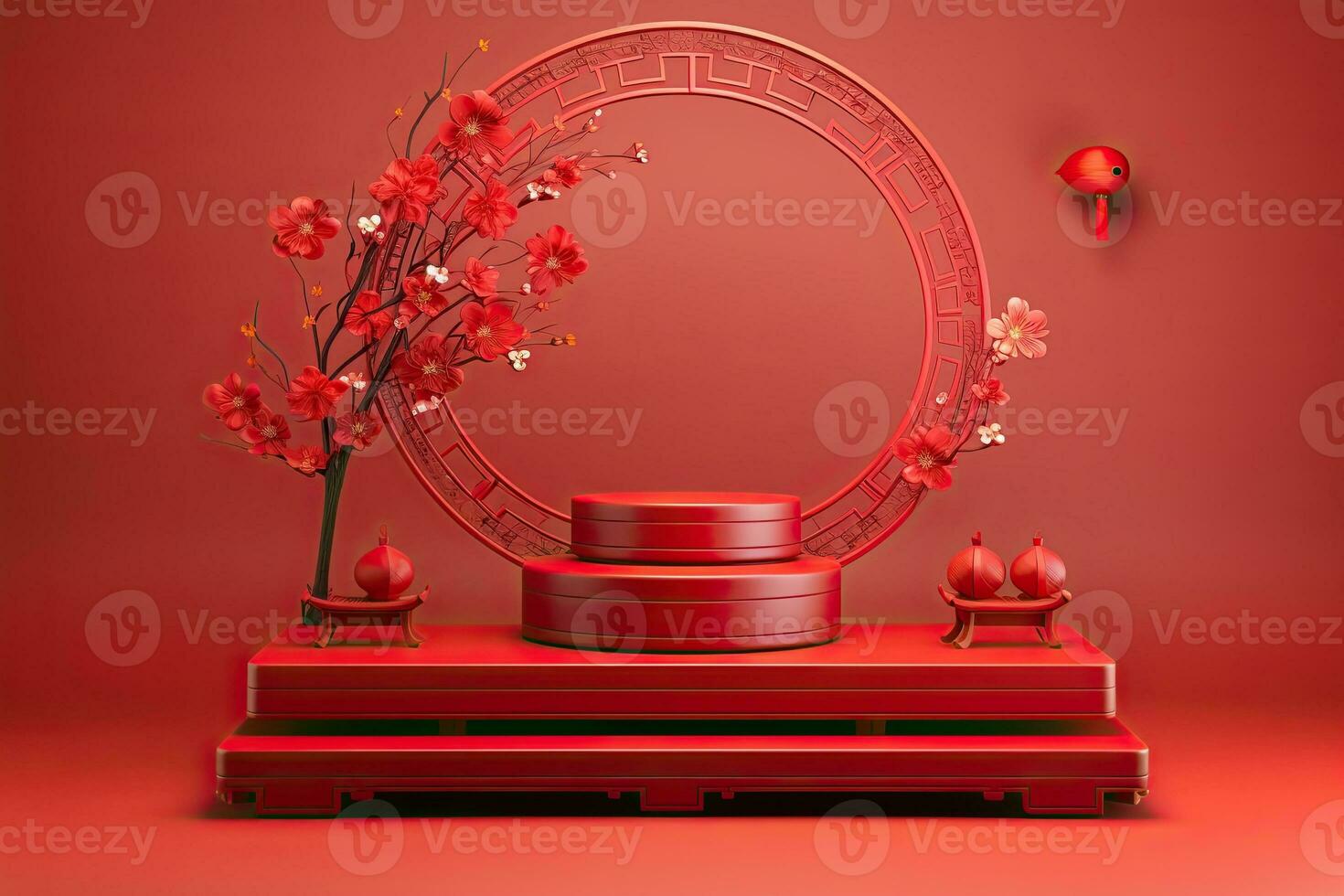 Generative AI, Red podium with lantern chinese new year and gift box product stand podium background pedestal 3d photo