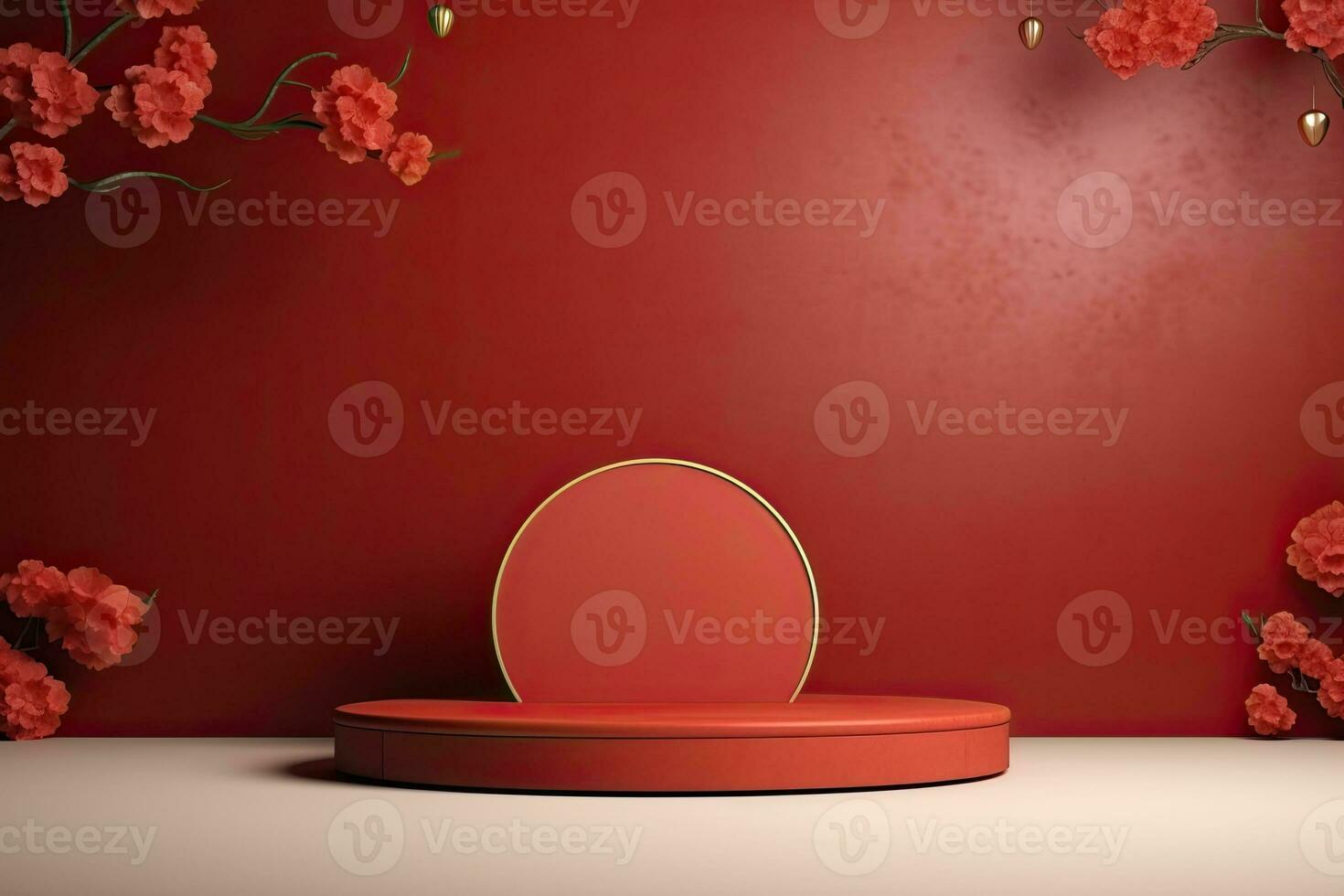 Generative AI, Red podium with lantern chinese new year and gift box product stand podium background pedestal 3d photo