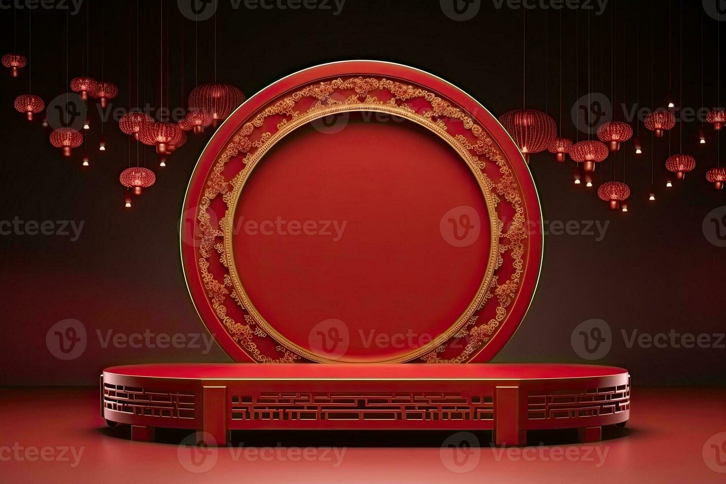 Generative AI, Red podium with lantern chinese new year and gift box product stand podium background pedestal 3d photo