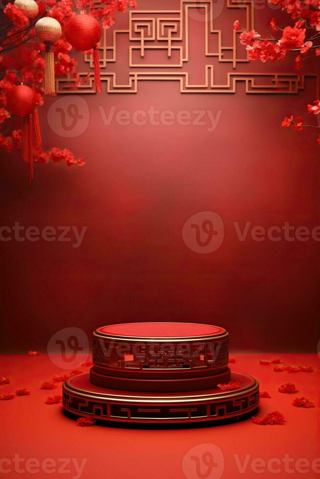 Generative AI, Red podium with lantern chinese new year and gift box product stand podium background pedestal 3d photo