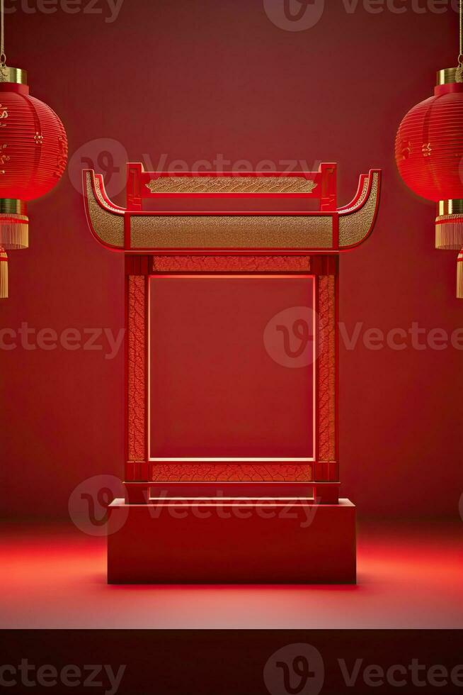 Generative AI, Red podium with lantern chinese new year and gift box product stand podium background pedestal 3d photo