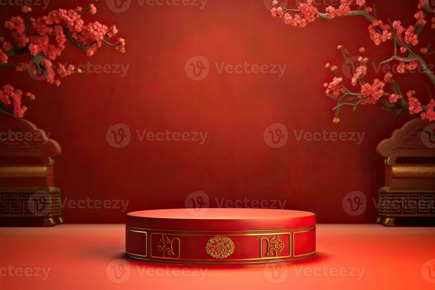 Generative AI, Red podium with lantern chinese new year and gift box product stand podium background pedestal 3d photo